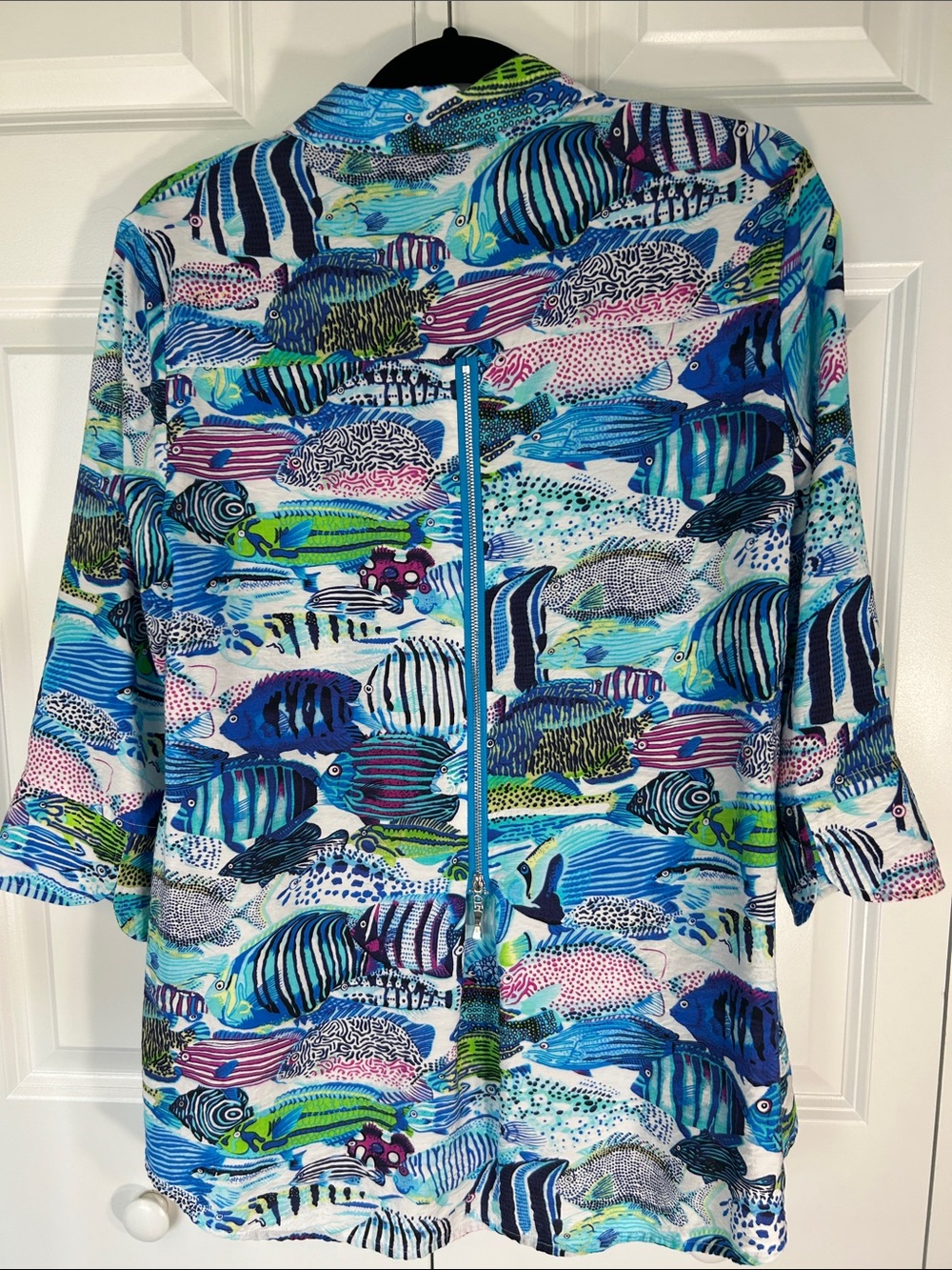 Shana Women’s Printed Fish-Pattern Button-Up Blouse - Blue Multi - Picture 6 of 8
